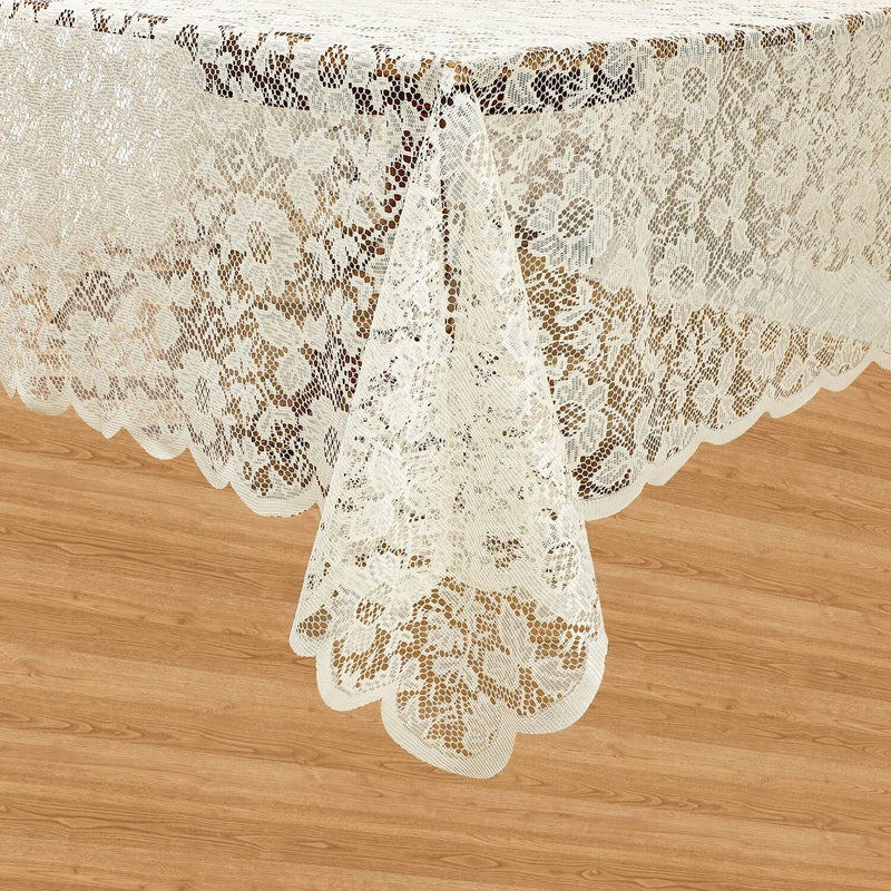 WUBODTI Cream Lace Floral Tablecloth Square 72" x72", Vintage Chic Solid Floral Pattern Lace Embroideried Table Cloth Cover for Wedddig Party Dinning Room Kitchen Tables Decor - Image 3